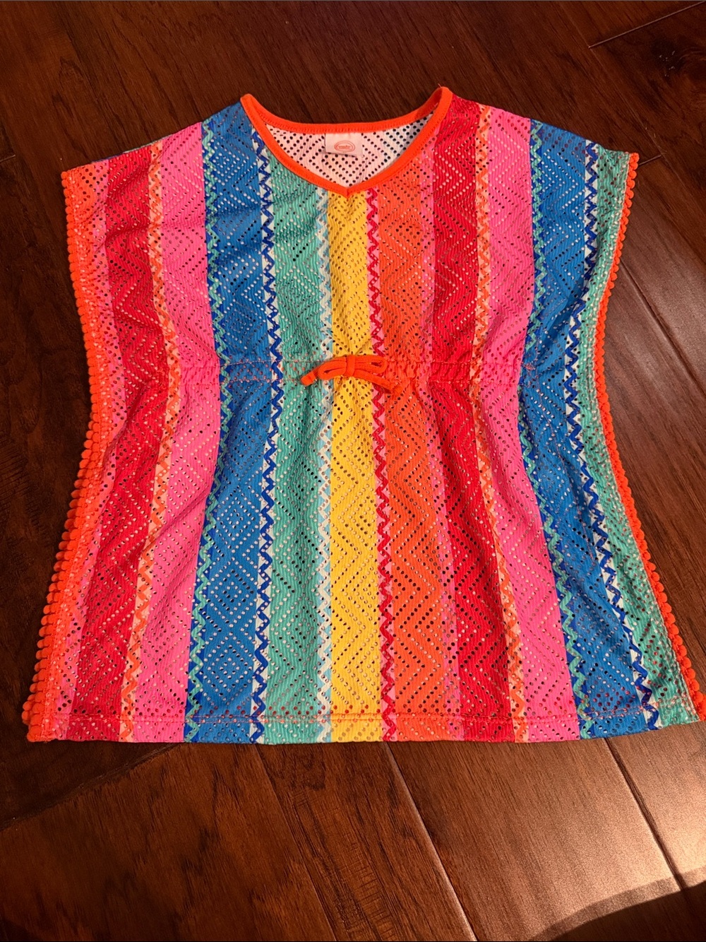 wonder nation Girls Multicolor Striped Crochet Swim Coverup - Orange Trim